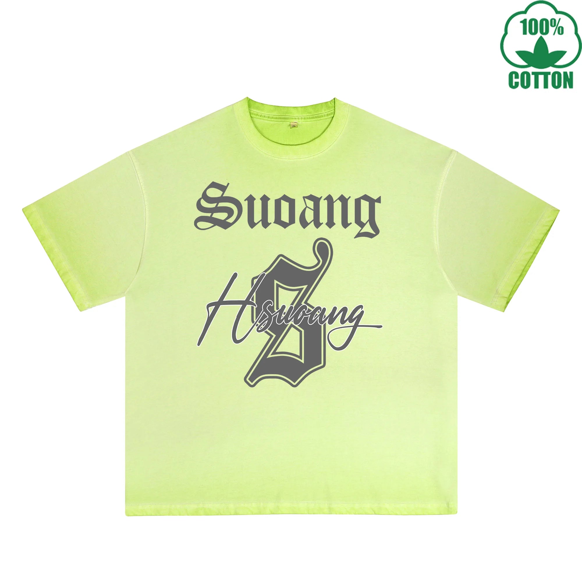 Hsucang Printed Dirty WashT-Shirt 230G Multicolor Loose Trendy Fashionable 100%Cotton Short Sleeve Top