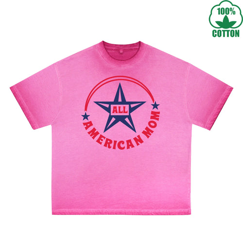 All American Mom Printed Dirty Wash T-Shirt 230G Multicolor Loose Trendy Fashionable 100%Cotton Short Sleeve Top
