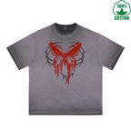 Blood Butterfly Printed Dirty WashT-Shirt 230G Multicolor Loose Trendy Fashionable 100%Cotton Short Sleeve Top