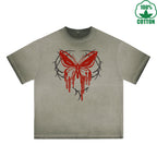 Blood Butterfly Printed Dirty WashT-Shirt 230G Multicolor Loose Trendy Fashionable 100%Cotton Short Sleeve Top