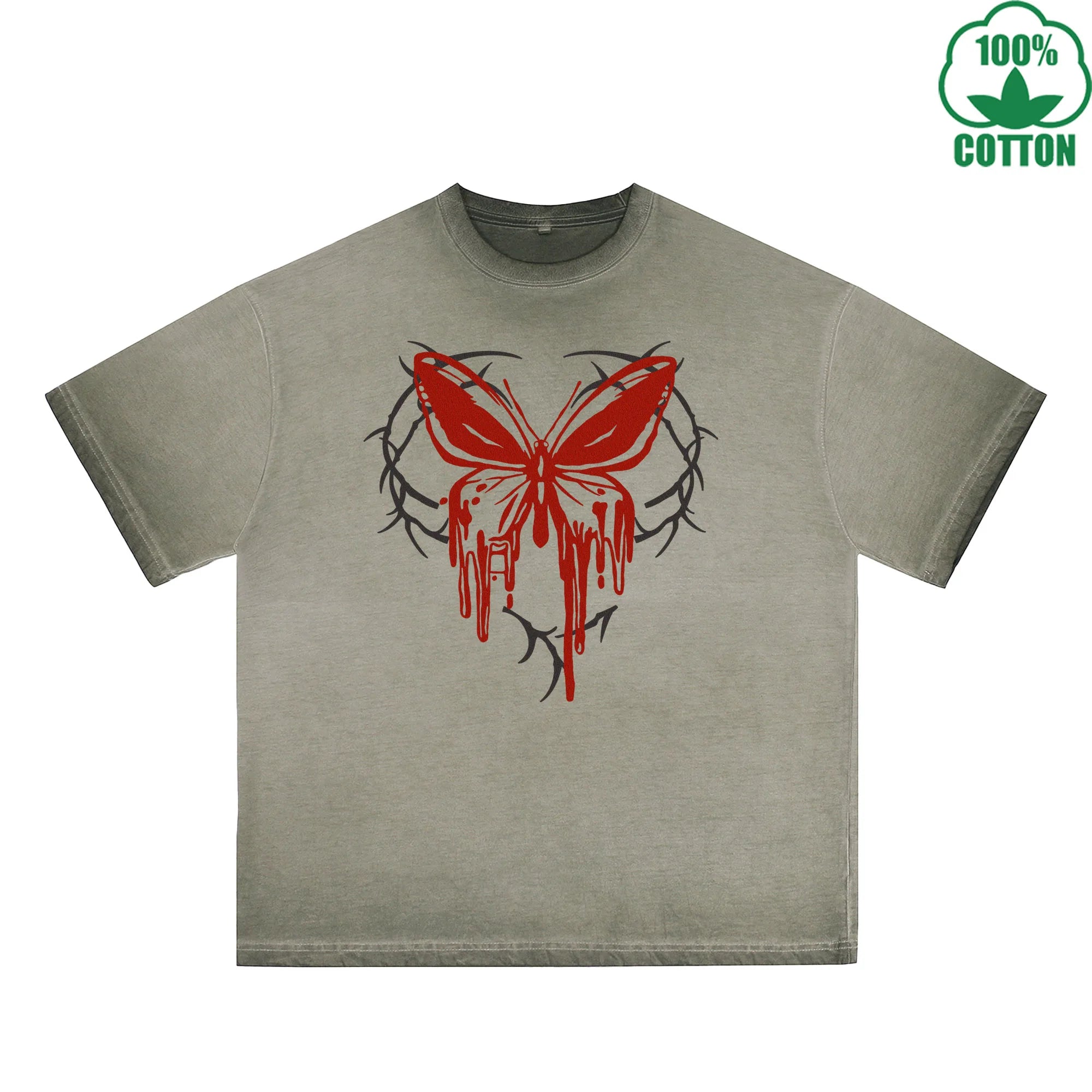 Blood Butterfly Printed Dirty WashT-Shirt 230G Multicolor Loose Trendy Fashionable 100%Cotton Short Sleeve Top