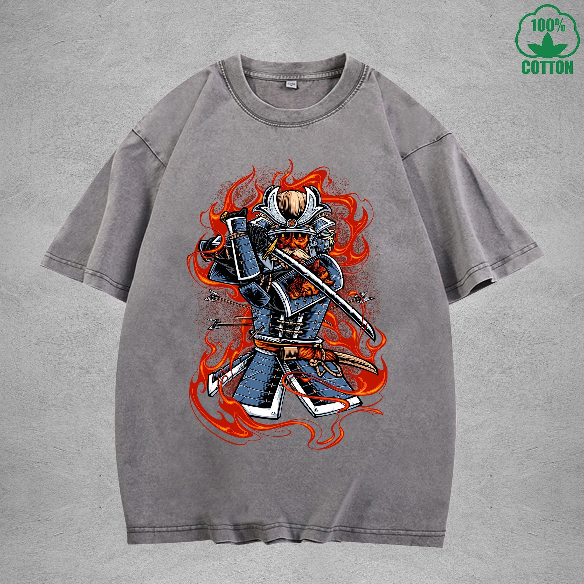 Ghost Samurai Interest Printed Washed T-Shirt 230G Multicolor Loose Trendy Fashionable Cotton Short Sleeve Top