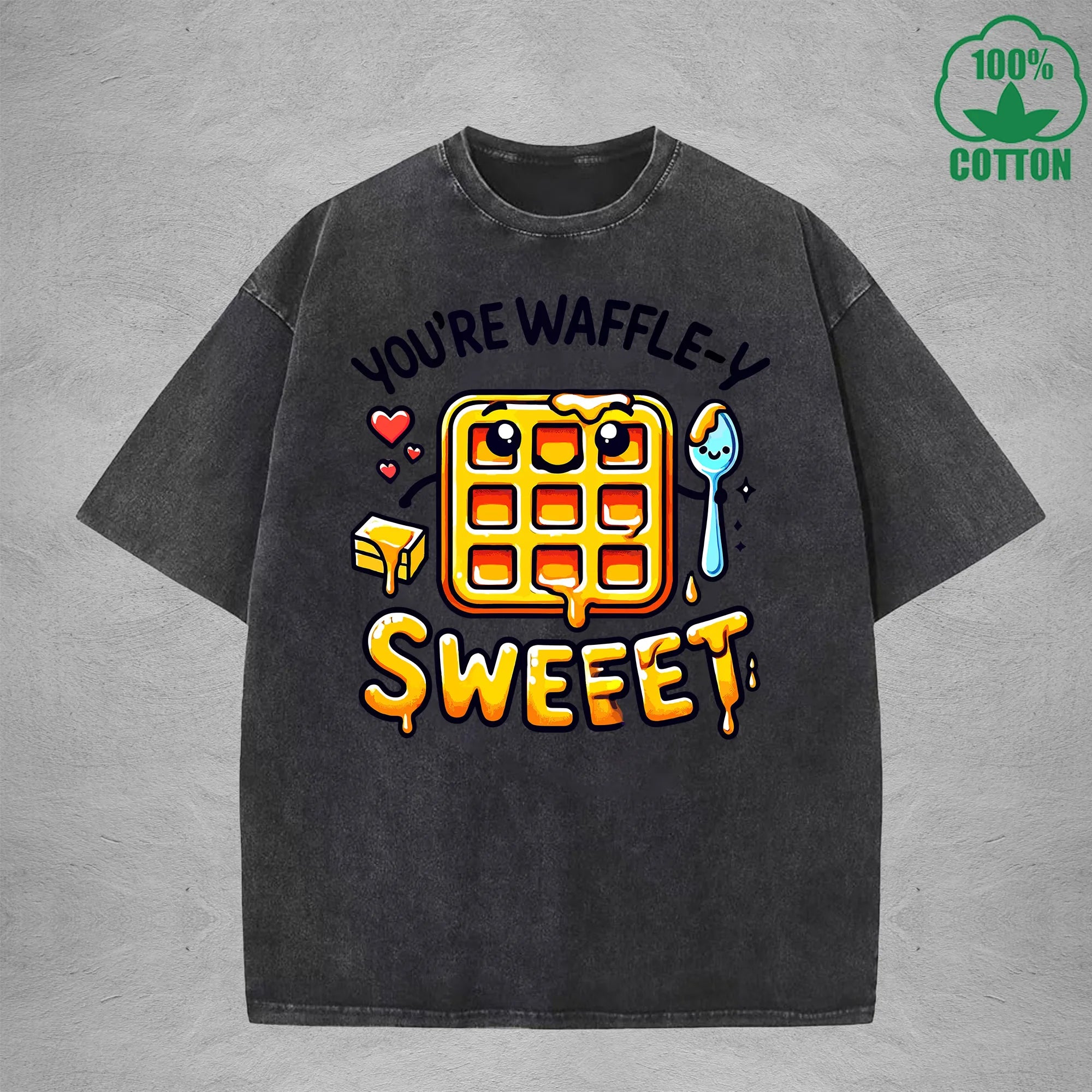 Waffle-Y SweetInterest Printed Washed T-Shirt 230G Loose Trendy Fashionable 100%Cotton Short Sleeve Top