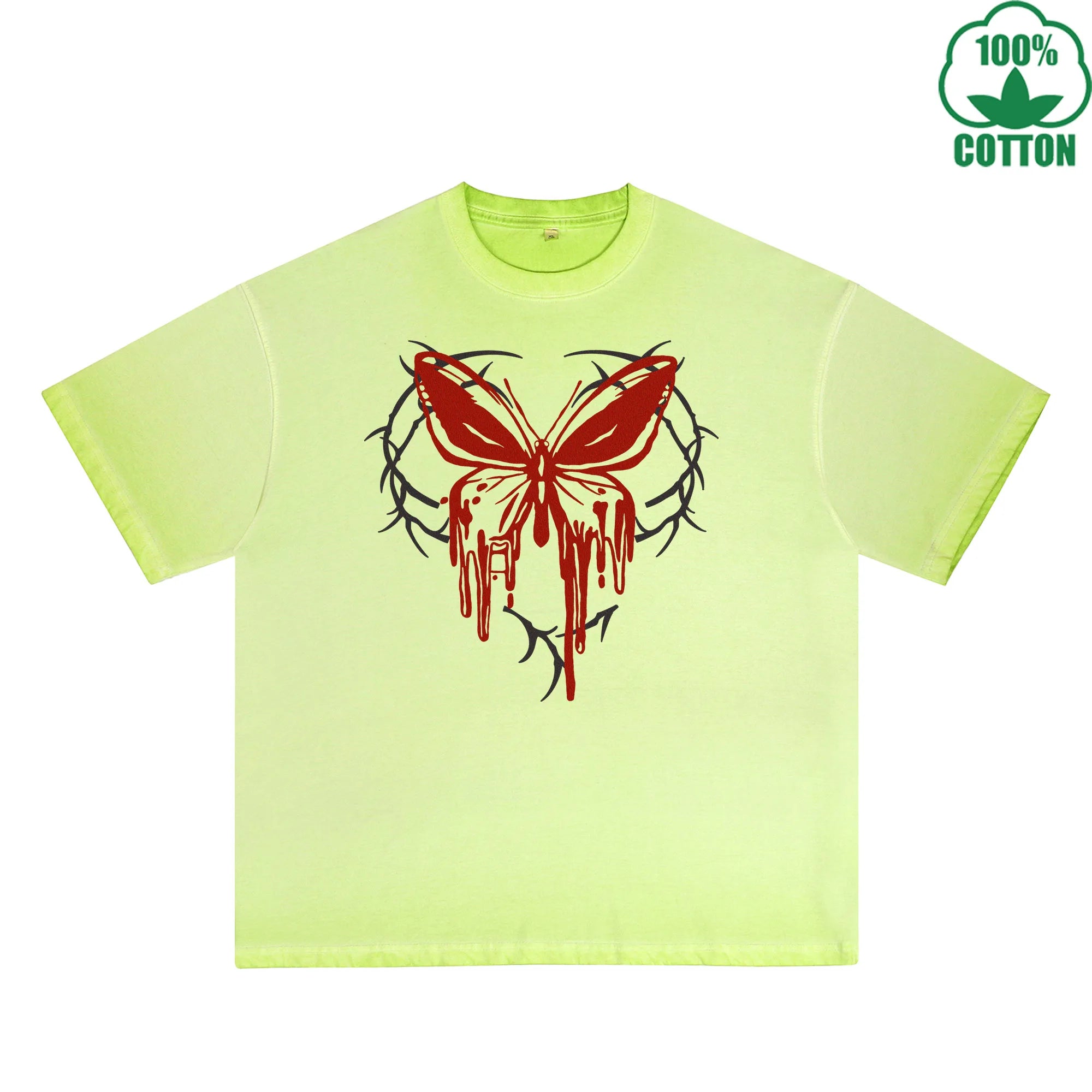 Blood Butterfly Printed Dirty WashT-Shirt 230G Multicolor Loose Trendy Fashionable 100%Cotton Short Sleeve Top