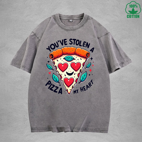 A Pizza My HeartInterest Printed Washed T-Shirt 230G Loose Trendy Fashionable 100%Cotton Short Sleeve Top