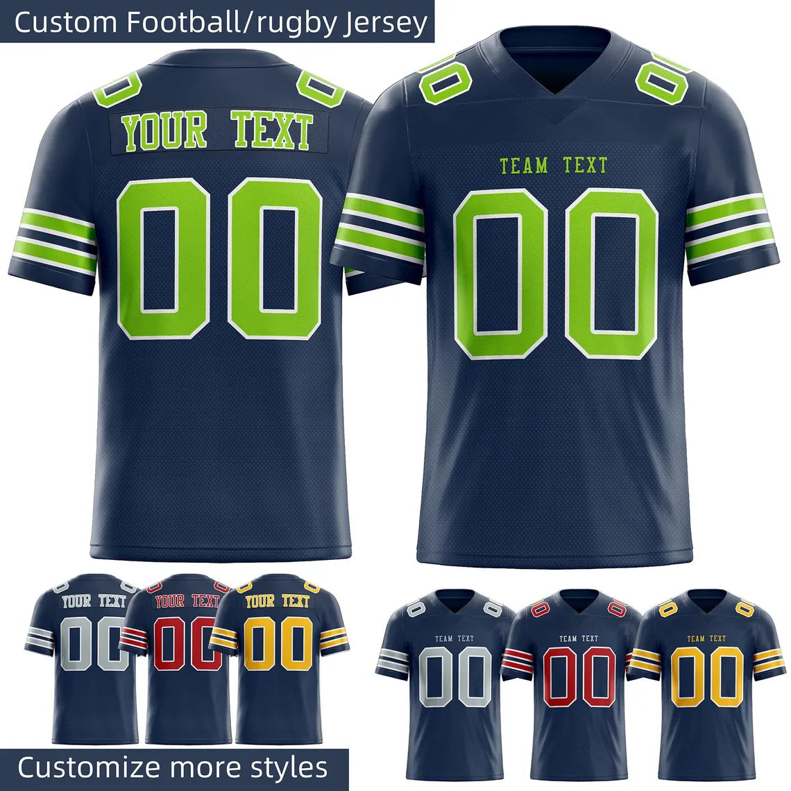 Custom American Football Jersey Personalized Stitched Name and Number Breathable Mesh Top for Team Game Sports or Work wear Navy Green